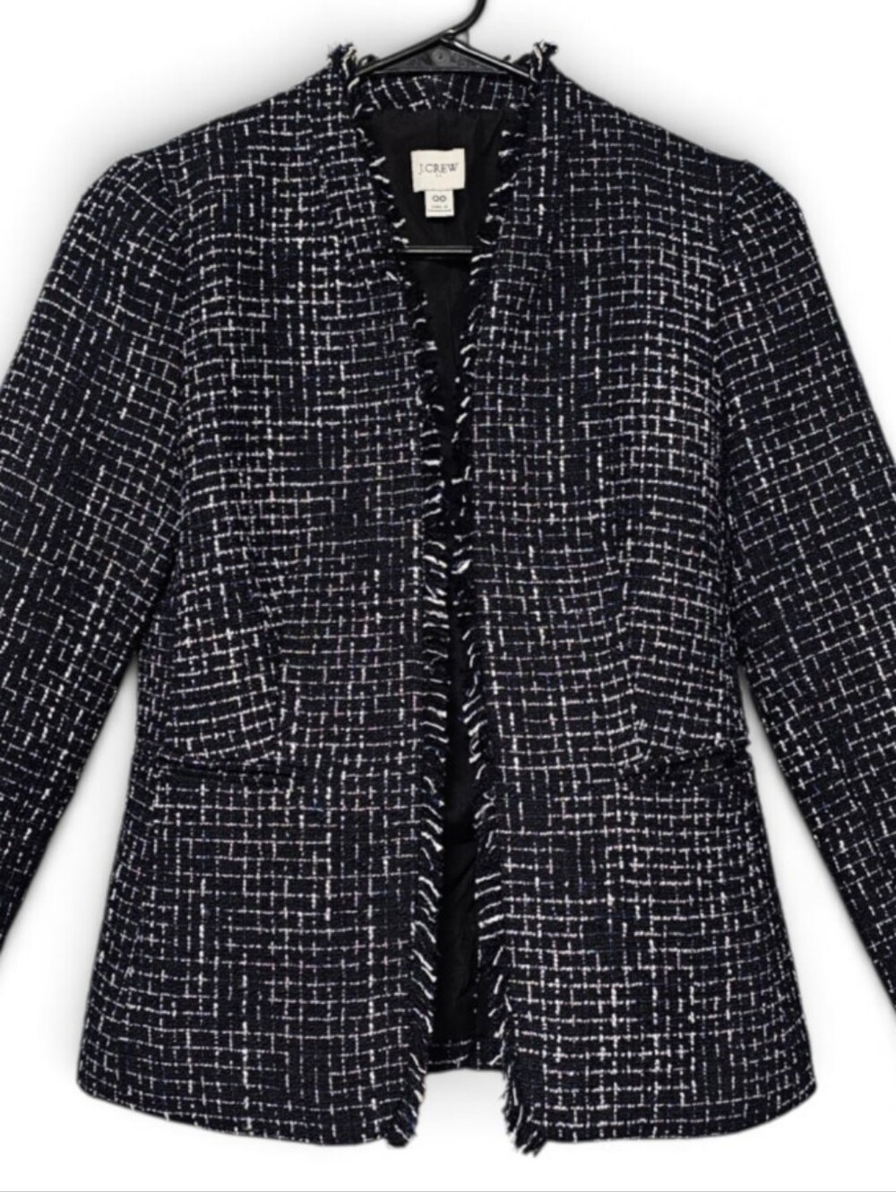 J Crew Tweed Raw Edge Open Front Blazer Navy Blue & White Womens Size 00